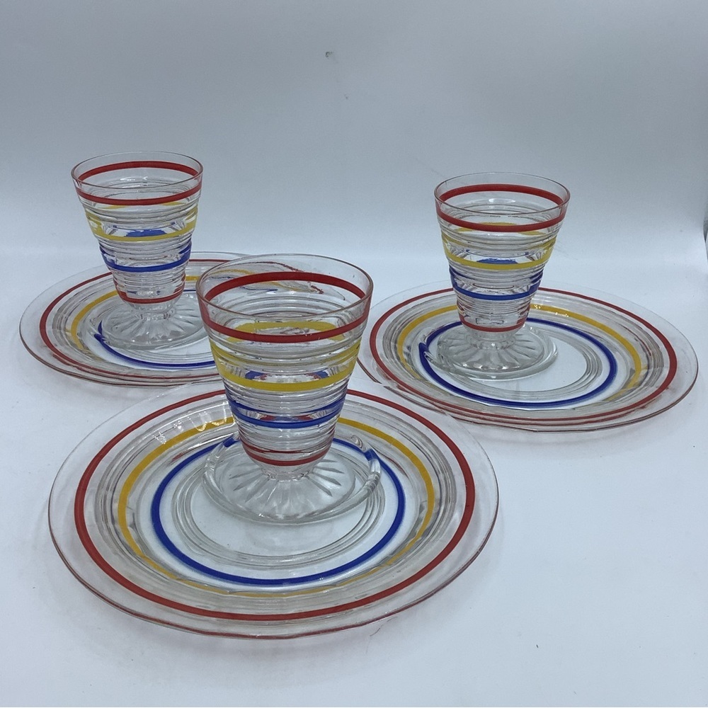 Set of Three Vintage Striped Glass Cordials and Snack Plates